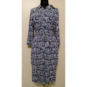 Talbots Women Blue‎ White Paisley Collar Button Down Midi  Dress Size L